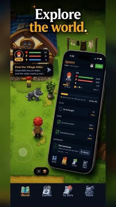 Top-down village map with a quest to find the village elder