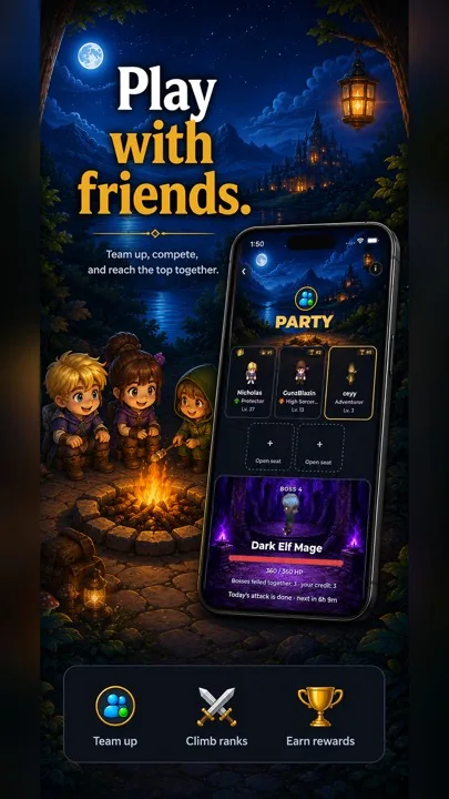 Party screen with three friends and a shared boss battle against a dark elf mage