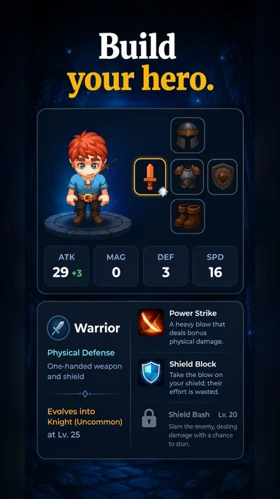 Hero equipment screen with a warrior class, gear slots and skills