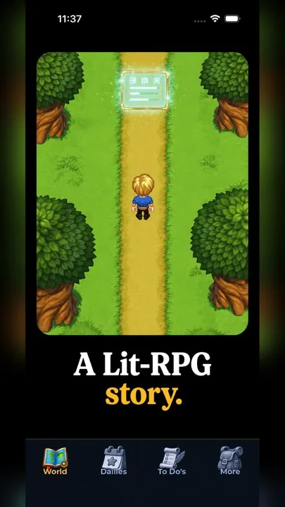 A hero walking a forest path toward a glowing quest scroll