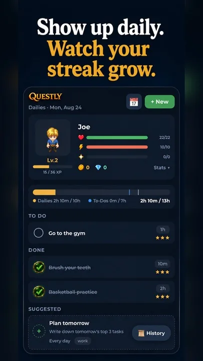 Questly dailies screen with character stats, progress bars and completed tasks