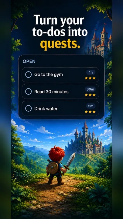 A to-do list with gym, reading and water tasks above a hero overlooking a castle