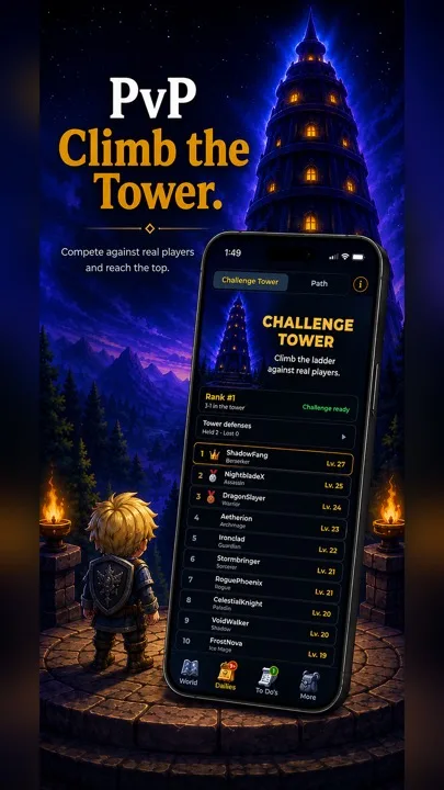 Challenge Tower PvP leaderboard in front of a glowing night tower